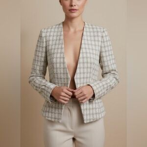 Calvin Klein Fringe Tweed Open Front Blazer Jacket Womens 8 Tan Cream Plaid NEW